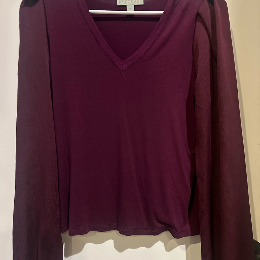 Ryegrass Burgundy V-Neck Mixed Media Puff Long Sleeve Blouse Top Medium